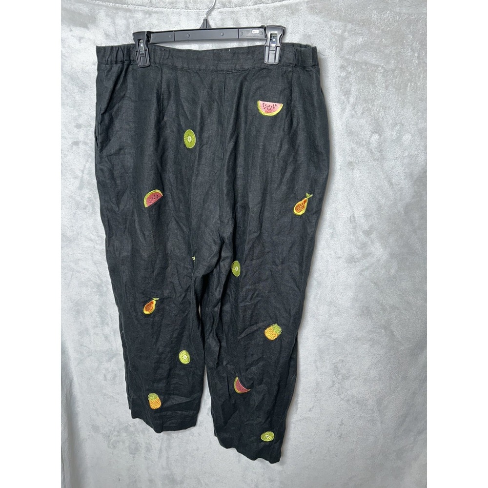 Rosanna Linen Pants Woman 16w Embroidered Fruit Strawberries Kiwi Crop